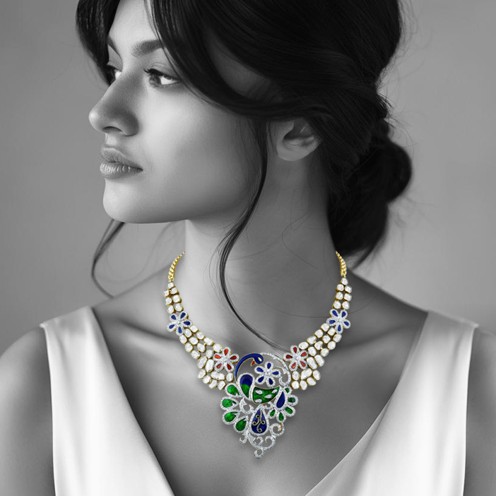 Peacock Motif Necklace with Enamel, Polki, and Floral Design